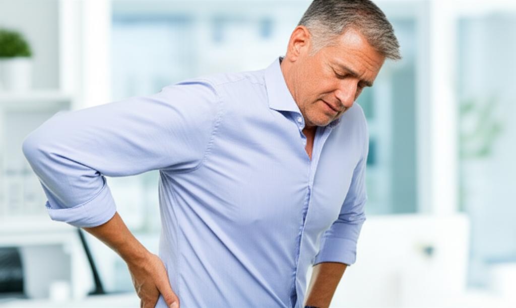middle aged man feeling tired and rubbing his back