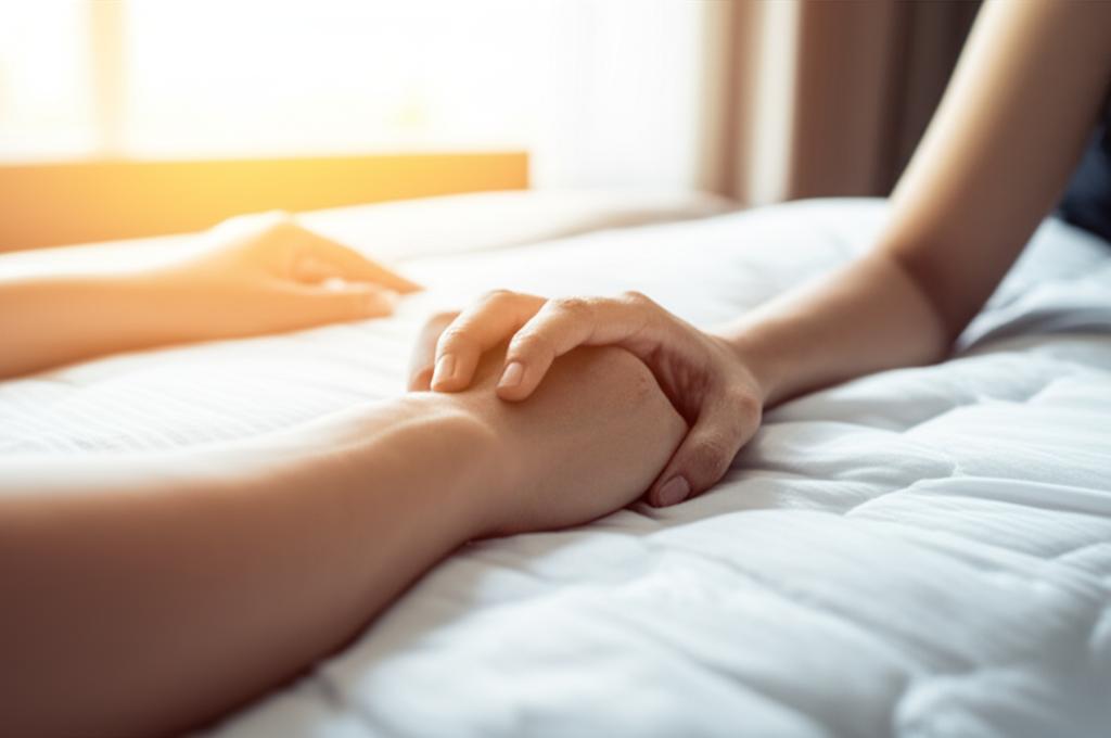 happy couple holding hands in a bedroom, sunlight streaming in, feeling of intimacy and relief, realistic photo