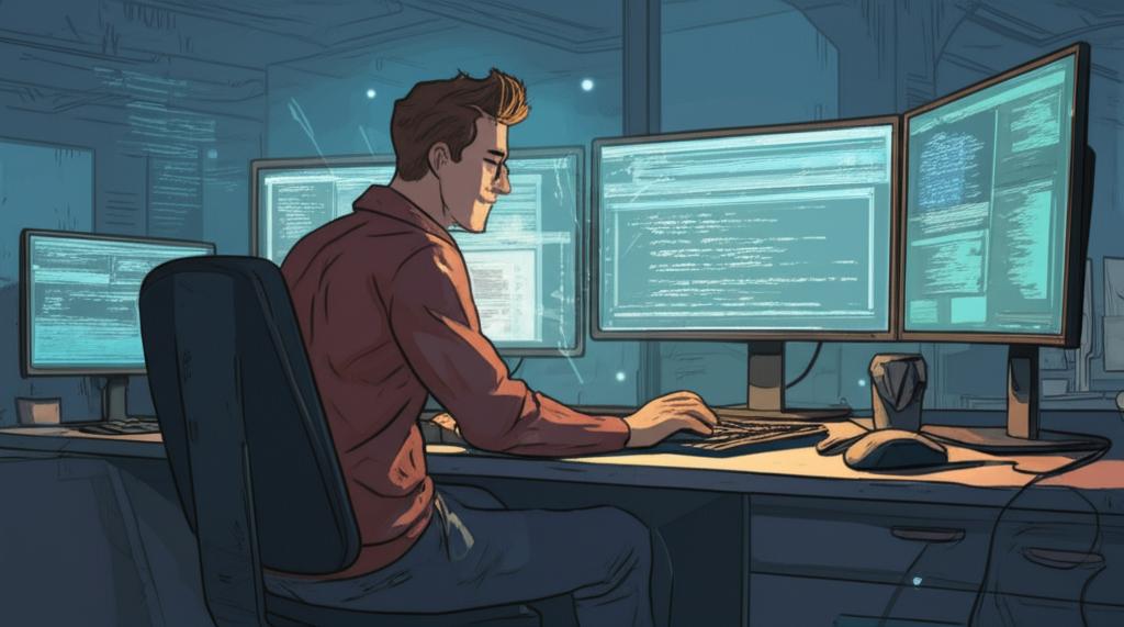 Illustrative image of a programmer looking relieved and focused, working efficiently after resolving discomfort, perhaps with a subtle glow of energy