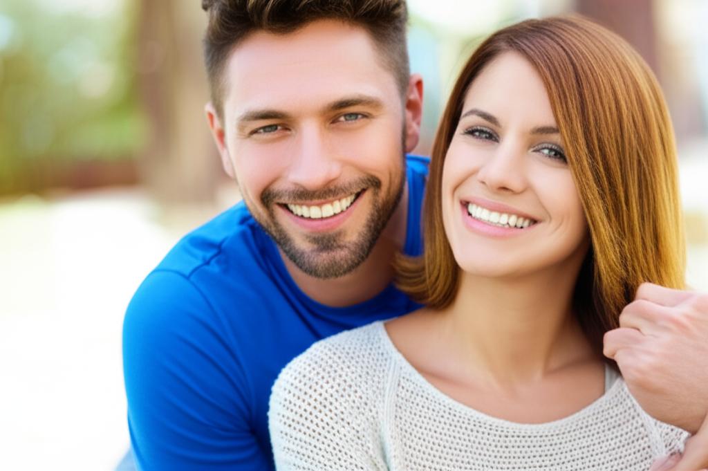 Photo of a smiling man with his arm around his happy partner, looking energetic.