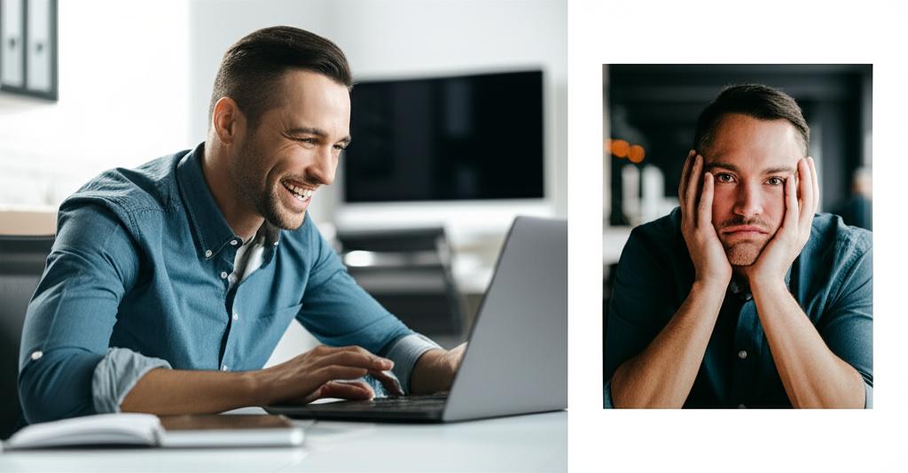 A man looking energetic and smiling while working on a laptop, contrasted with a smaller image of him looking tired previously, side-by-side comparison, realistic photo style
