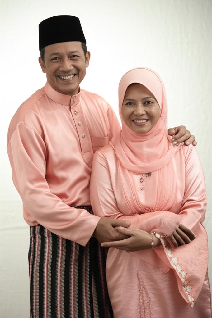 Middle-aged Malay couple smiling and holding hands affectionately, showing renewed closeness, warm and happy atmosphere, realistic photo
