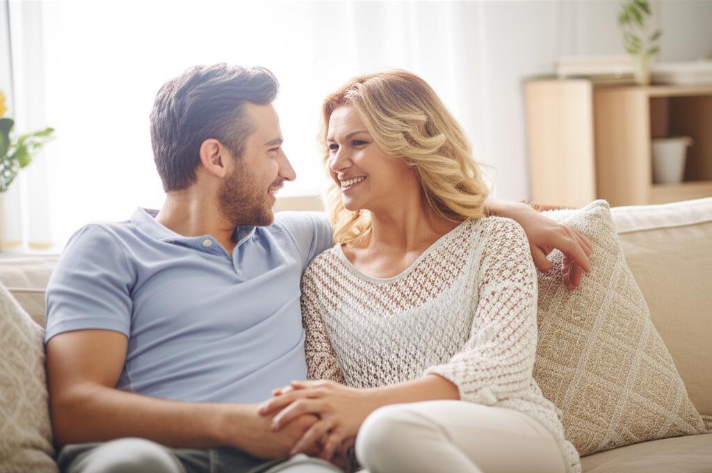 A couple holding hands and smiling warmly at each other, suggesting improved intimacy and happiness in their relationship. The setting is comfortable and private.