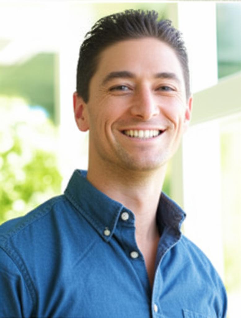man smiling confidently in a healthy setting