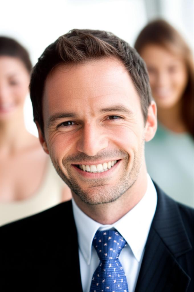 man smiling confidently with his partner in the background