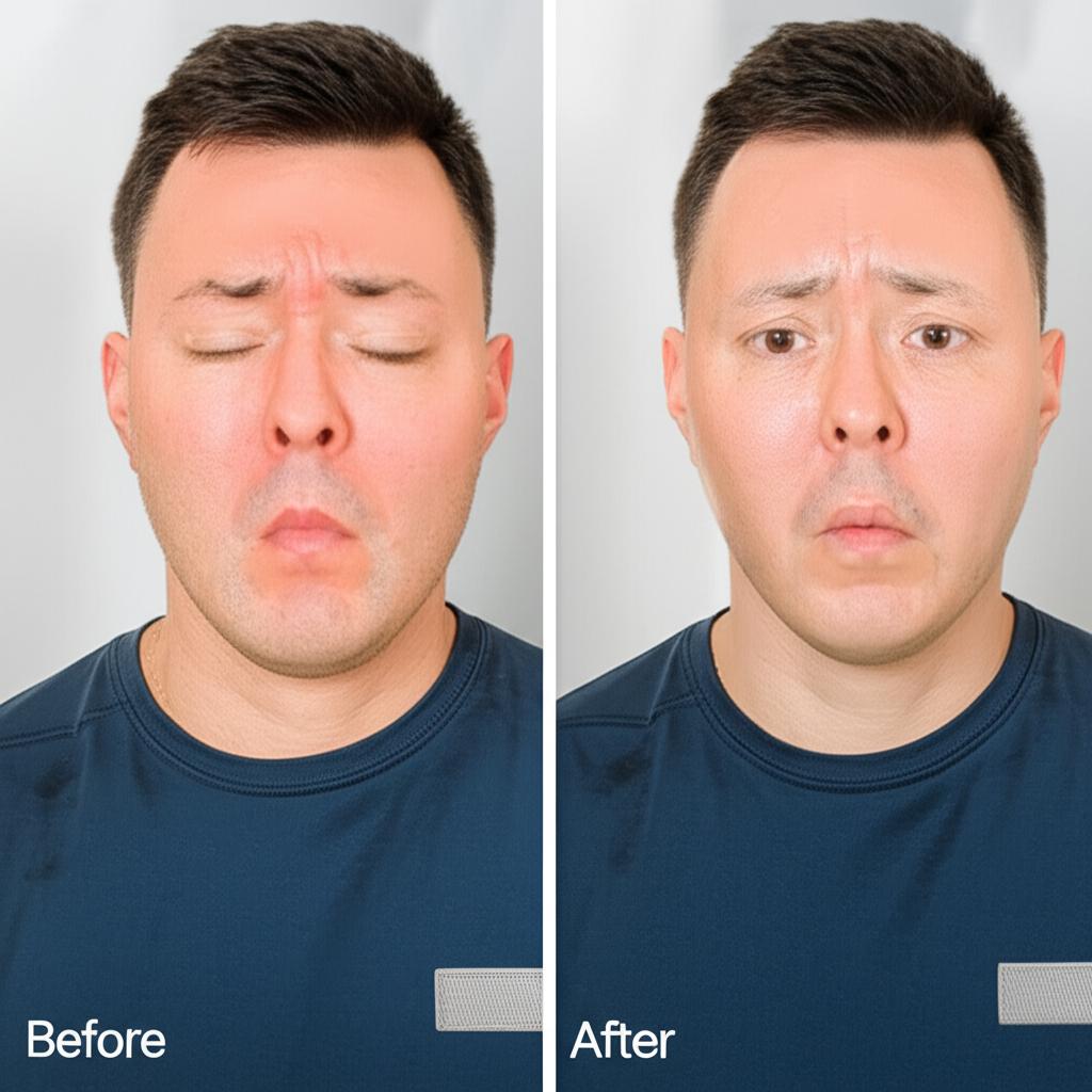 man before and after using health product, showing improved energy
