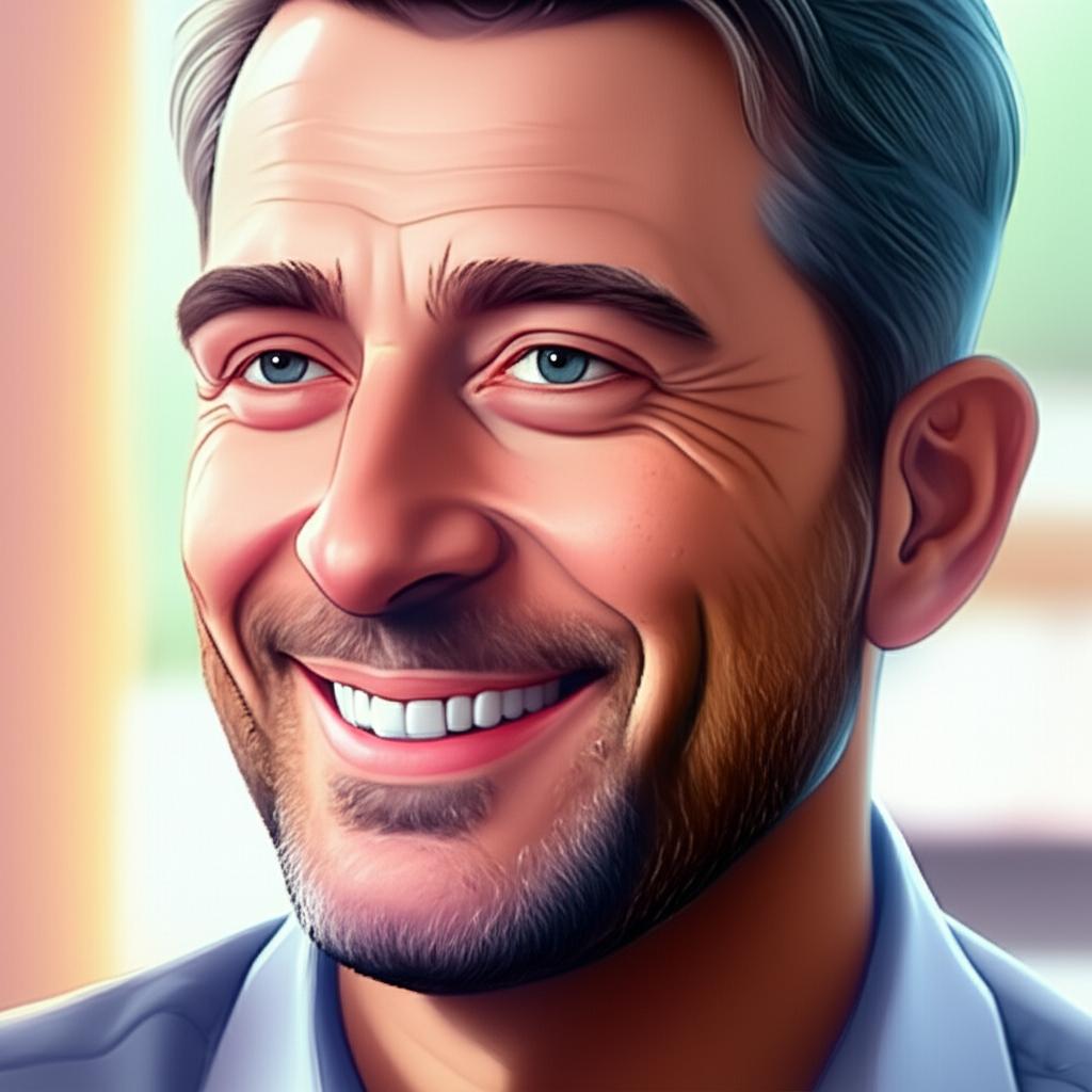 Illustration of a man looking more confident and happy, perhaps interacting positively with someone (spouse implied but not shown), brighter setting. AI prompt: realistic illustration of a man in his 40s looking confident and happy, subtle smile, bright modern background, positive atmosphere, high detail, digital art