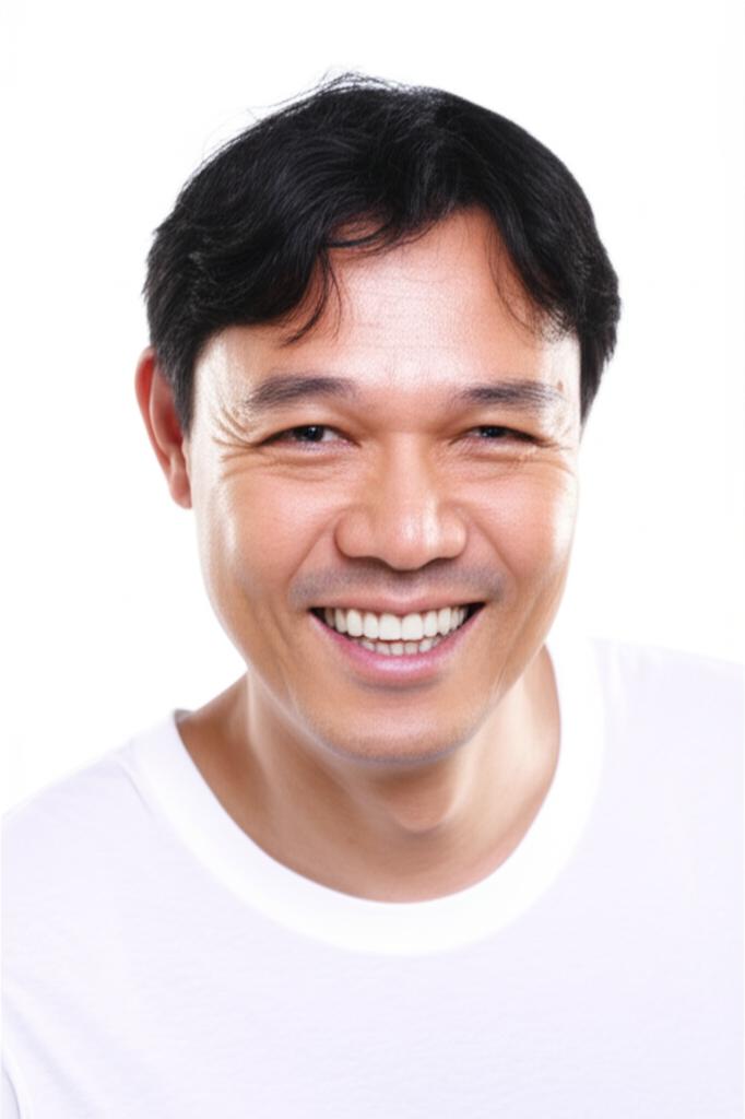 middle aged asian man looking energetic and smiling