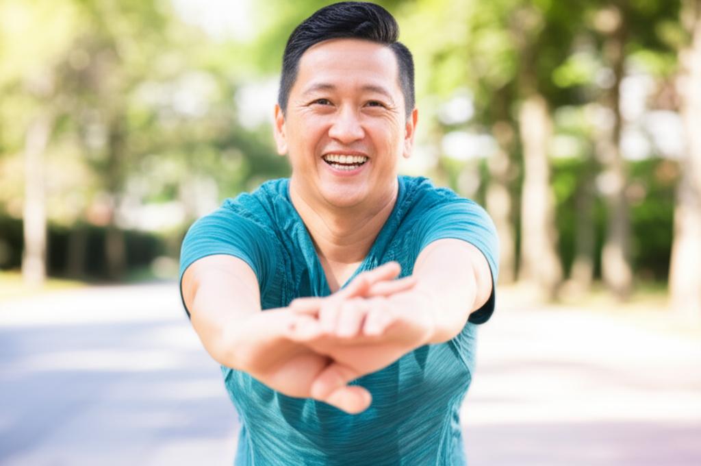 Middle-aged asian man looking energetic and smiling, doing light exercise