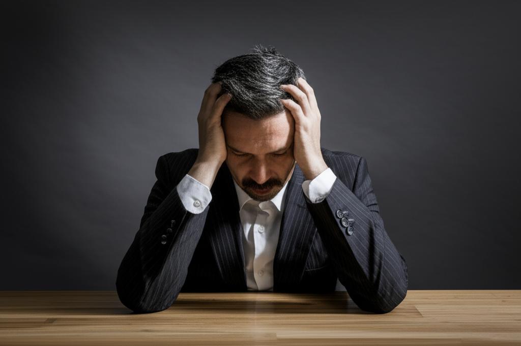 ai prompt: Tired man sitting at desk, head in hands, looking stressed, subtle negative aura, realistic photo