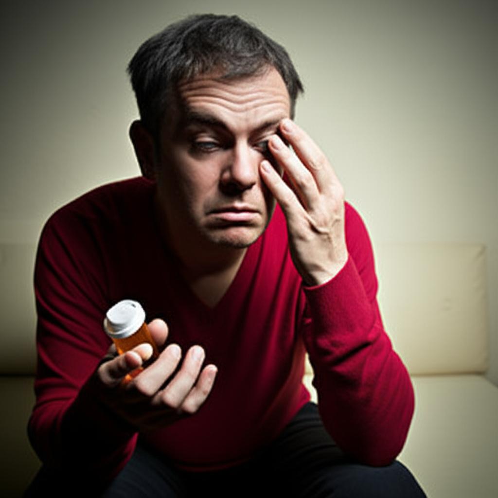Middle-aged man looking stressed while holding a pill bottle, feeling dependent and worried about health, muted colors, realistic style