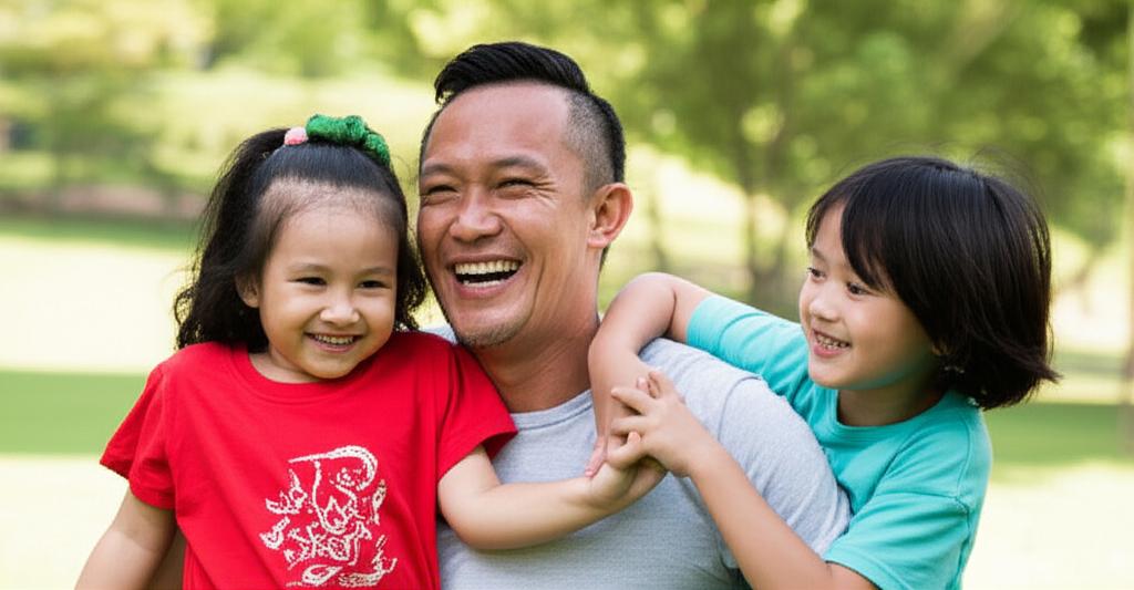 ai prompt: Middle-aged Malaysian man smiling and playing with his children in a park, looking energetic and happy, realistic photo