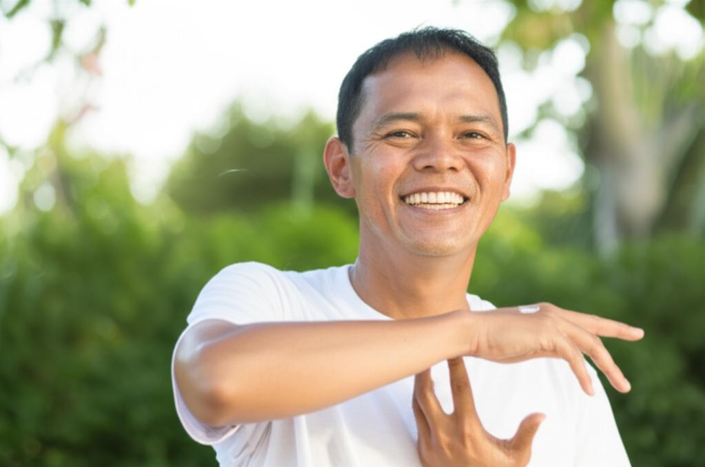 Middle-aged man smiling confidently, looking healthy and energetic, perhaps applying a cream discreetly, outdoor setting, natural light